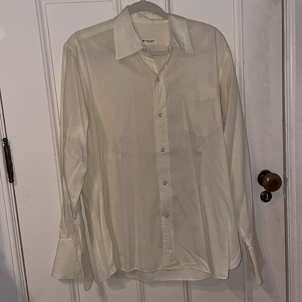 Vintage Single Needle Tailoring Men’s Cream Striped Dress Shirt French C…